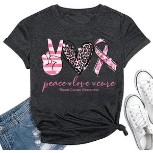 Breast Cancer Awareness Shirts Women Pink Ribbon T-Shirts Cancer Fighter Leopard Heart Graphic Tee Short Sleeve Tops (Gray, M)