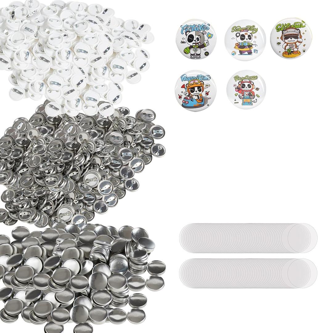 VEVOR 500 Sets 1 inch 25mm Pin Back Button Parts, DIY Round Button Badge Parts, Set Includes Metal Top, Plastic/Metal Button, Clear Film, and Blank Paper for Gifts Presents, Machine NOT Included