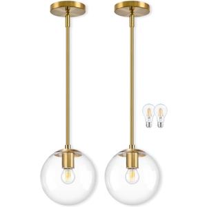 Bagood 8" Globe Pendant Light Gold 2 Pack Mid Century Pendant Light Globe Pendant Lights Kitchen Island Brushed Brass Finished with Clear Glass Adjustable Ceiling Light Fixtures for Dining Room Bar