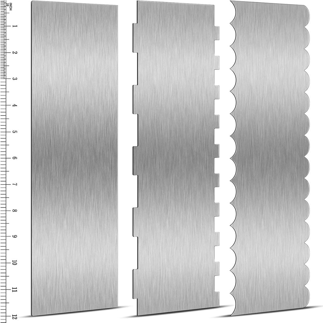 Yinkin 3 Pcs 12 Inch Cake Scraper Smoother Stainless Steel Cake Scraper Metal Large Double Sided Patterned Edge Decorating Comb Icing Smoother for Mousse Butter Cream Dessert Decoration