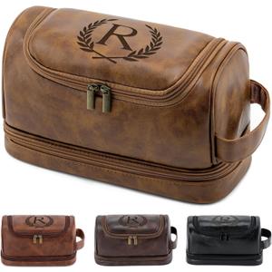 Travel Essentials Accessories Initial Letter Hanging Toiletry Bag for Men, Personalized PU Leather Waterproof Travel Size Toiletries Storage Organizer Shaving Bag for Men, Light Brown R