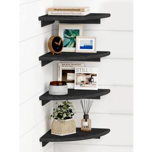 Forbena Black Corner Floating Shelves for Wall Set of 4, Small Rounded Corner Shelves Wall Mount for Bedroom Books, Mini Wood Hanging Corner Shelf for Bathroom Decor, Living Room, Small Spaces (10" Depth)