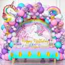 Winrayk 144Pcs Purple Unicorn Party Decorations Birthday Supplies for Girls, Purple Pink Blue Balloon Arch Kit with Backdrop Tablecloth Foil Balloons, Kids Rainbow Unicorn Themed Birthday Decorations