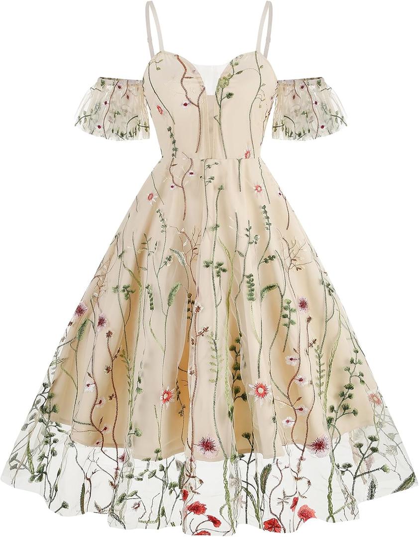 IWEMEK Spaghetti Straps Mesh Floral Embroidery Dress Tulle Flower for Women Embroidered 50s Cocktail Dresses Wedding Guest Tea Party Apricot-Seaweed, Small