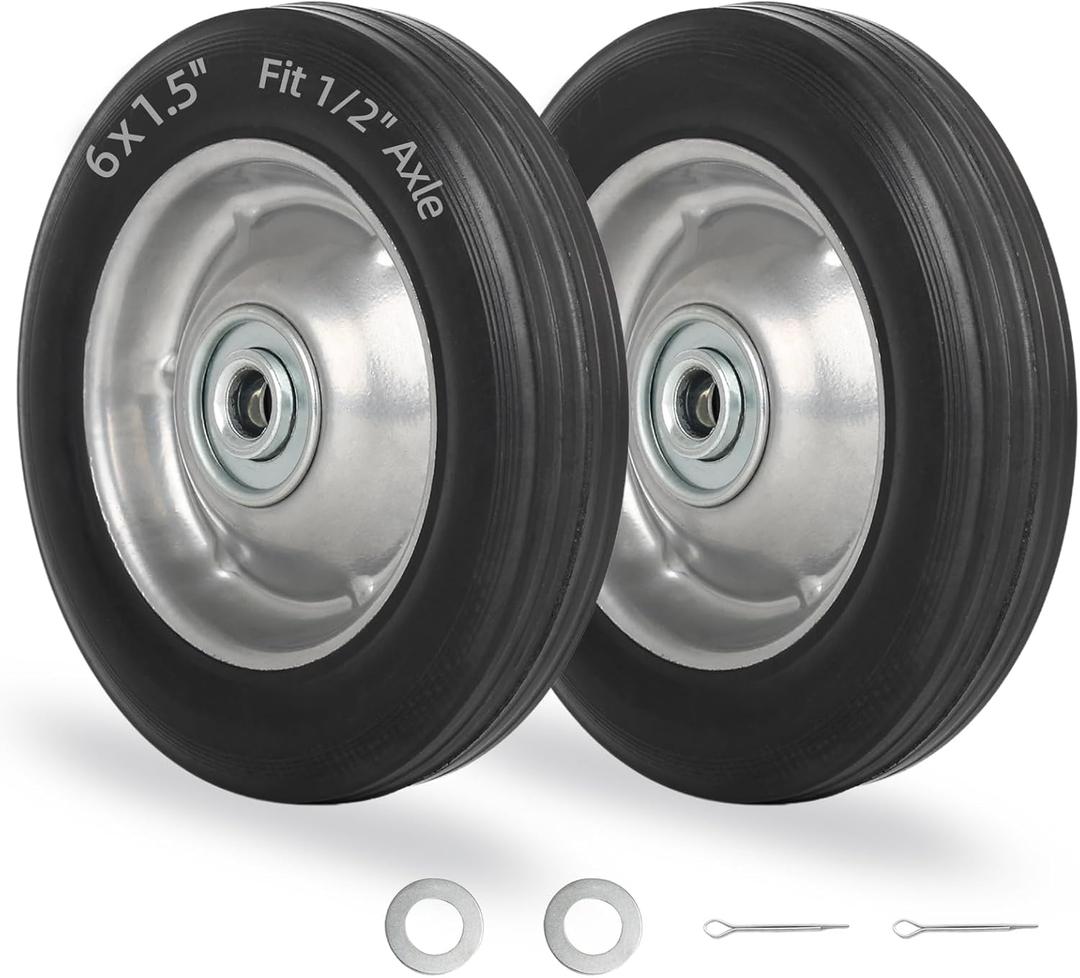 GICOOL 6" Flat Free Solid Rubber Tire and Wheel, with Ball Bearings and 1/2" Axle Bore Hole, 1.3" Centered Hub, 2 Pack