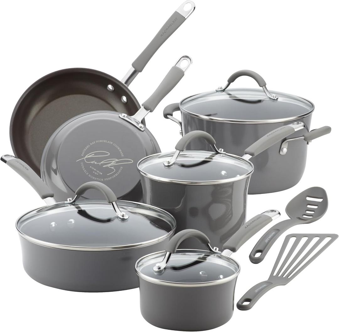 Rachael Ray - 16802 Rachael Ray Cucina Nonstick Cookware Pots and Pans Set, 12 Piece, Sea Salt Gray, 12 Piece Porcelain Enamel