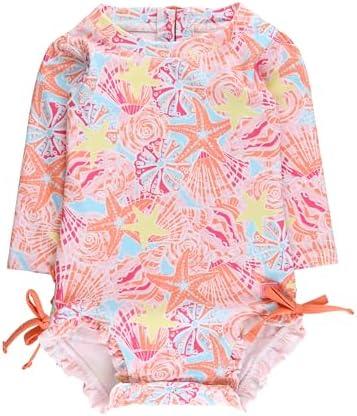 RuffleButts Baby Girls UPF 50+ Sun Protection Floral Printed Long Sleeve One Piece Rash Guard Swimsuit with Zipper, Size 6-12M