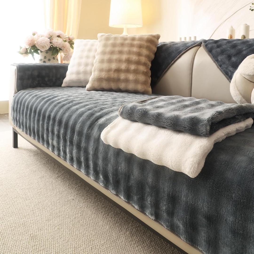Aucrovee Soft Plush Faux Fur Couch Cover, Non Slip Fluffy Sectional Sofa Covers for 3 Cushion Couch Sofa L Sharped Sofa, Furniture Protector Slipcover for Pets(1 PCS 36"x82" Dark Grey)