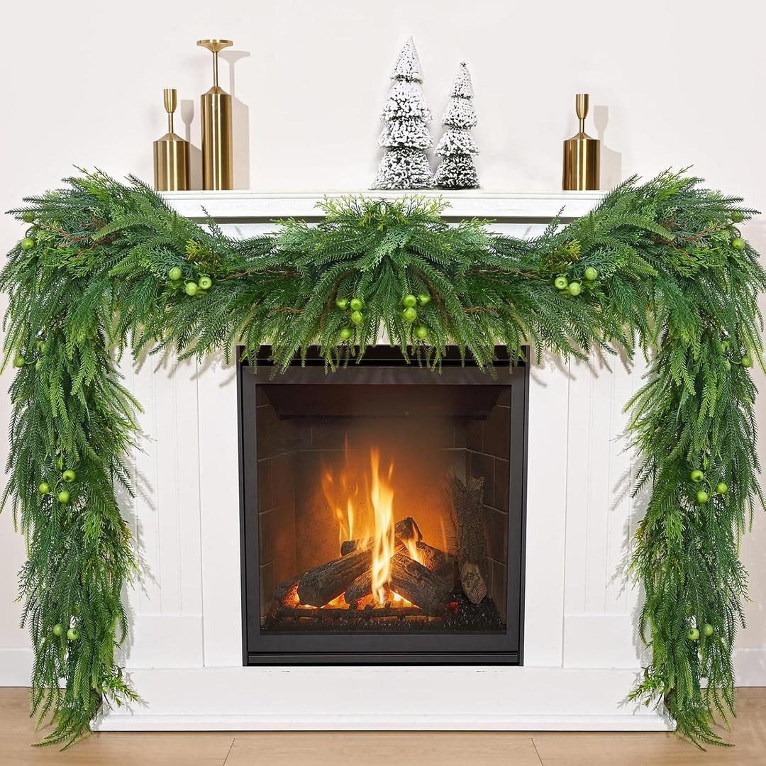 12 FT Real Touch Norfolk Pine Garland, Cedar Garland Realistic, Christmas Garland with Lights for Mantle Table Staires Railing Indoor Outdoor Christmas Decor