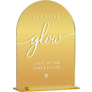 Acrylic Wedding Sign, Bridal Shower Decorations, Let Love Glow Sign for Ceremony, Modern Font Table Signs, Gold Mirror Arched Acrylic Tabletop Signs for Wedding Reception and Event Party