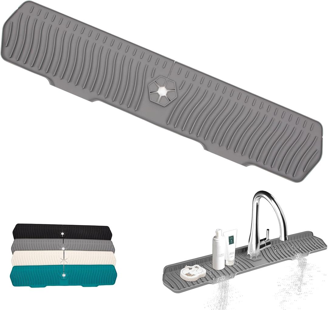 Kitchen Sink Faucet Mat, 30" x 6'' Silicone Faucet Guard & Draining Mat, 90 Foldable Faucet Mat for Kitchen Sink with 2 Water Ports, Splash Guard Kitchen Sink Mat (Gray)