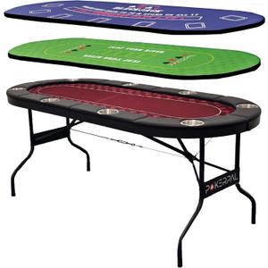 8 Player Poker Table with 2 Interchangeable Game mats, Texas Holdem and Blackjack, Collapsible Casino Table with Padded Rails and XXL Cup Holders for Wine and Whiskey Glasses, (71 in) - Burgundy