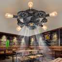 20" Retro Industrial Steampunk Ceiling Fans with Lights and Remote,Low Profile Flush Mount Bladeless Ceiling Fan with Light,Nautical Style 6 Speeds for Bedroom Kitchen Island Bar Cafe (Gear silver gray (With Light Bulb)