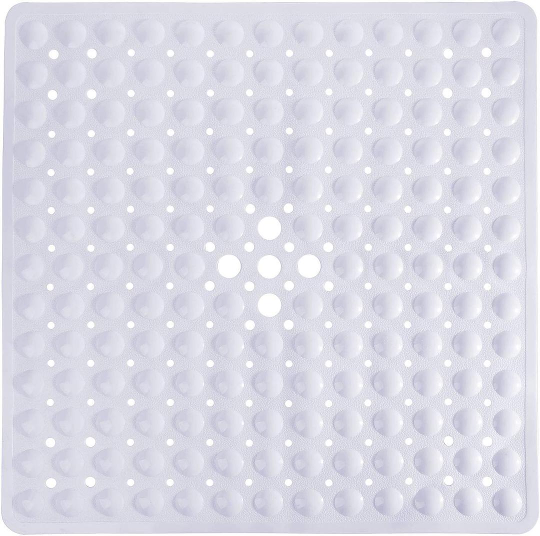 Yimobra Shower Stall Mat Non Slip, 21x21 Inch, Soft Square Bath Mat for Shower with Suction Cups and Drain Holes, Stall Floor Mats for Bathroom, Machine Washable, Bathroom Accessories, White