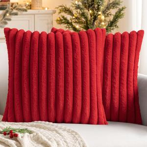 MIULEE Faux Fur Christmas Decorative Throw Pillow Covers 18x18 Inch Set of 2, Modern Spring Home Decor Soft Plush Couch Pillows Cozy Fluffy Cushion Covers for Sofa Bed Red