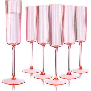Ciaell 24 Pack Pink Plastic Champagne Flutes - 6oz Ribbed Disposable Champagne Glasses - Pink Vintage Mimosa Glasses with Long Stem, Elegant & Lightweight for Weddings and Party