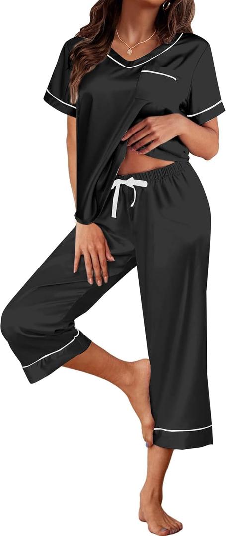 Remidoo Women's Short Sleeve V Neck Shirt With Capri Pants Satin Silk Pajama Set 2 Piece Pj Black Medium