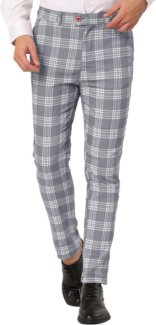 Lars Amadeus Men's Plaid Dress Pants Casual Slim Fit Flat Front Skinny Business Checked Plaid Pants (38, Gray)