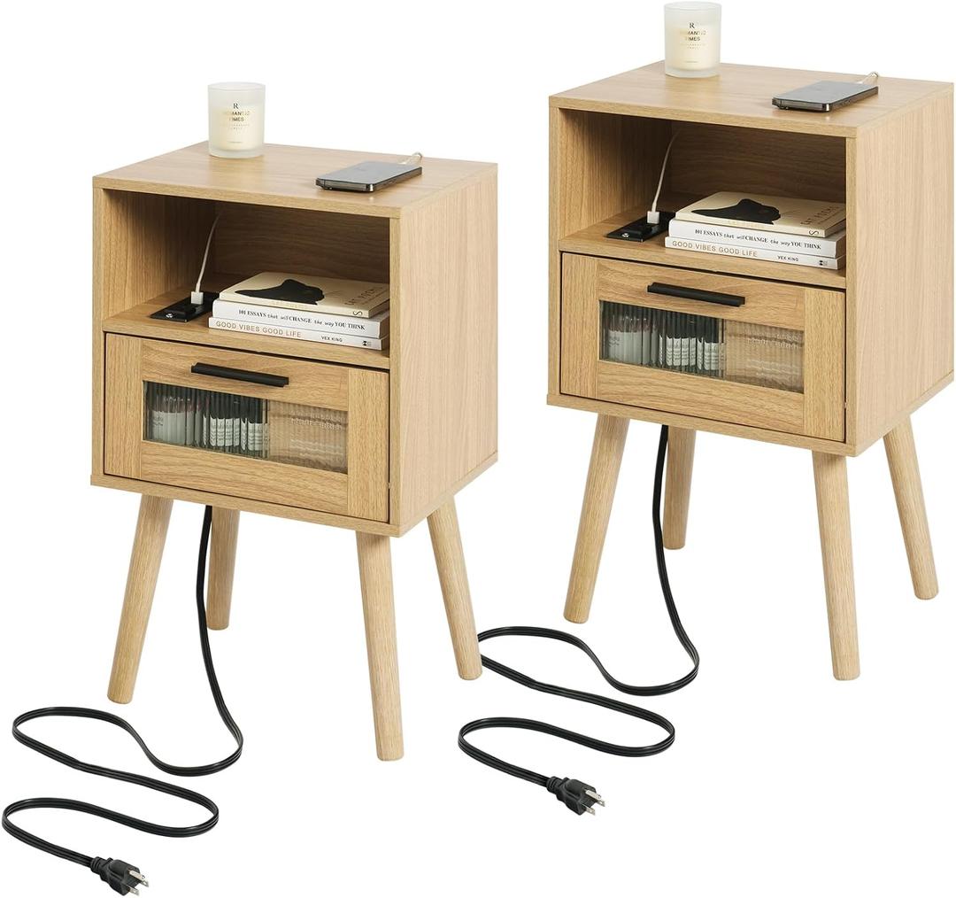 Labcosi Nightstand with Charging Station, Bedside Table w 2 AC outlets and 2 USB Ports, Night Stand with Open Shelf, 23.63" Nightstand w Drawer, Mid Century Modern Night Table for Bedroom(Wood Color)