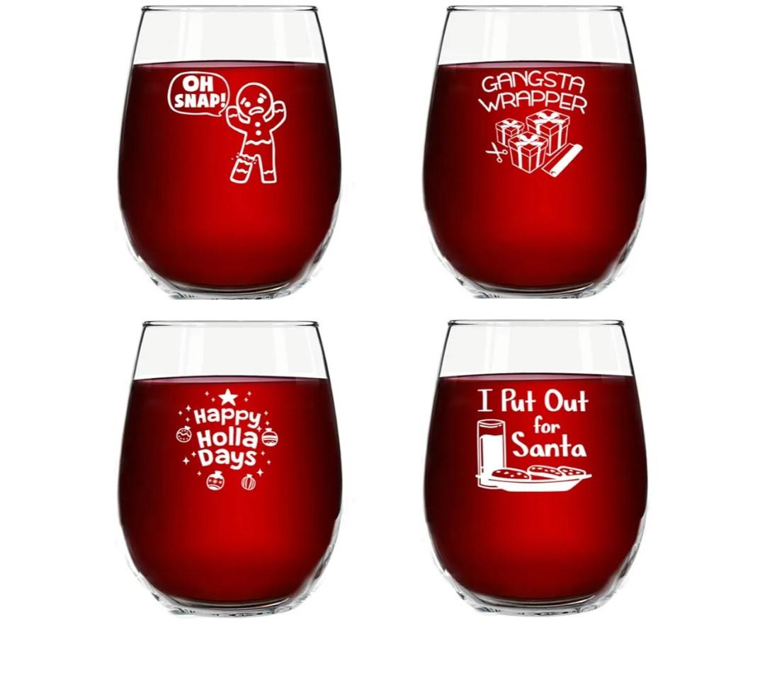 DU VINO Christmas Puns Funny Stemless Wine Glasses (Set of 4)- 15 oz - Cheerful Holiday Party Cups- Naughty and Hilarious Gift Exchange Idea for Dirty Santa or White Elephant