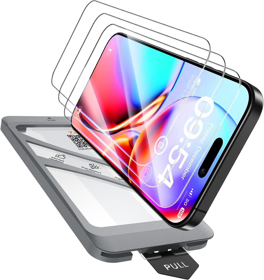TAURI 4 in 1 for iPhone 16 Screen Protector, 3 Pack Tempered Glass Film + 1 Dust Free Easy Installation Tool, 9H Hardness Bubble Free Micro-curved Edges HD Screen Protector for 16