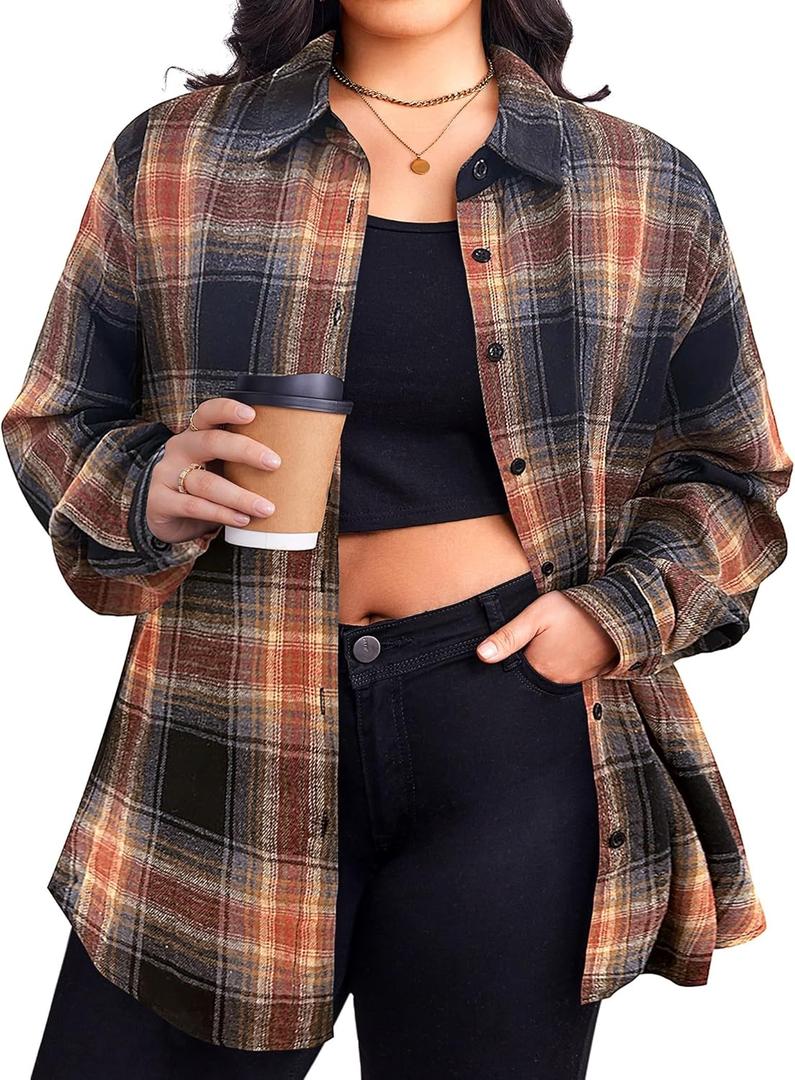 Zeagoo Womens Plus Size Flannel Shirts Plaid Shirts Long Sleeves Casual Button Down Collared Shacket Tops (Sandy Brown, 22w)