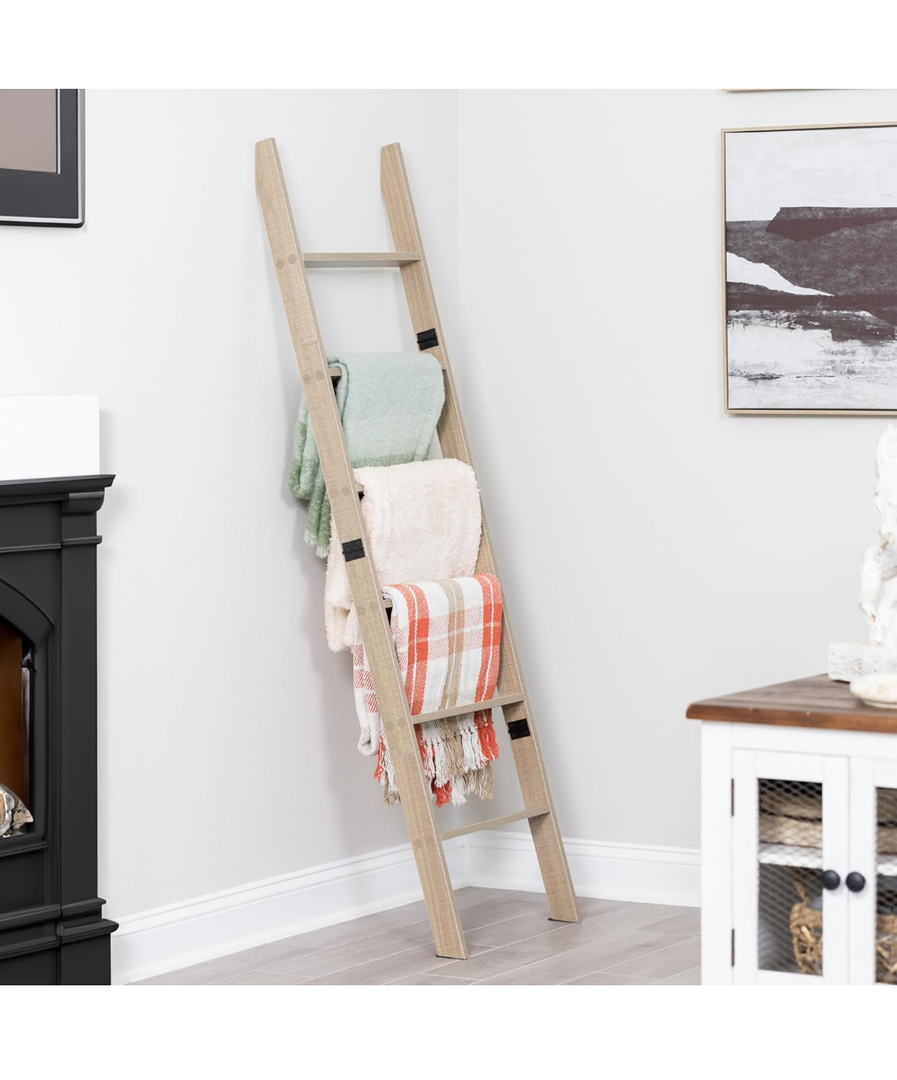Blanket Ladder for Living Room and Bedroom, 6-Tier Wall Leaning Laminate Snag Free Construction (Smokey Oak) Rustic Decorative Farmhouse Blanket Storage, Quilt Rack, Ladder Shelf