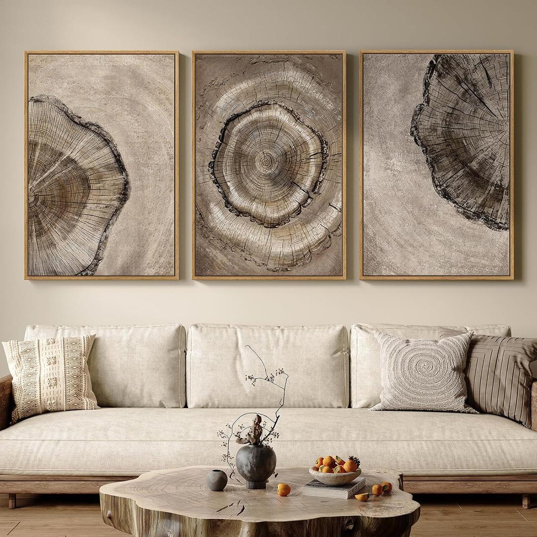 Large Framed Neutral Vintage Wall Art for Living Room, 3 Piece Retro Rustic Tree Ring Prints Canvas Artwork for Walls, Nature Paintings Pictures for Bedroom Hallway Home Office Wall Decor, 24x36 Inch