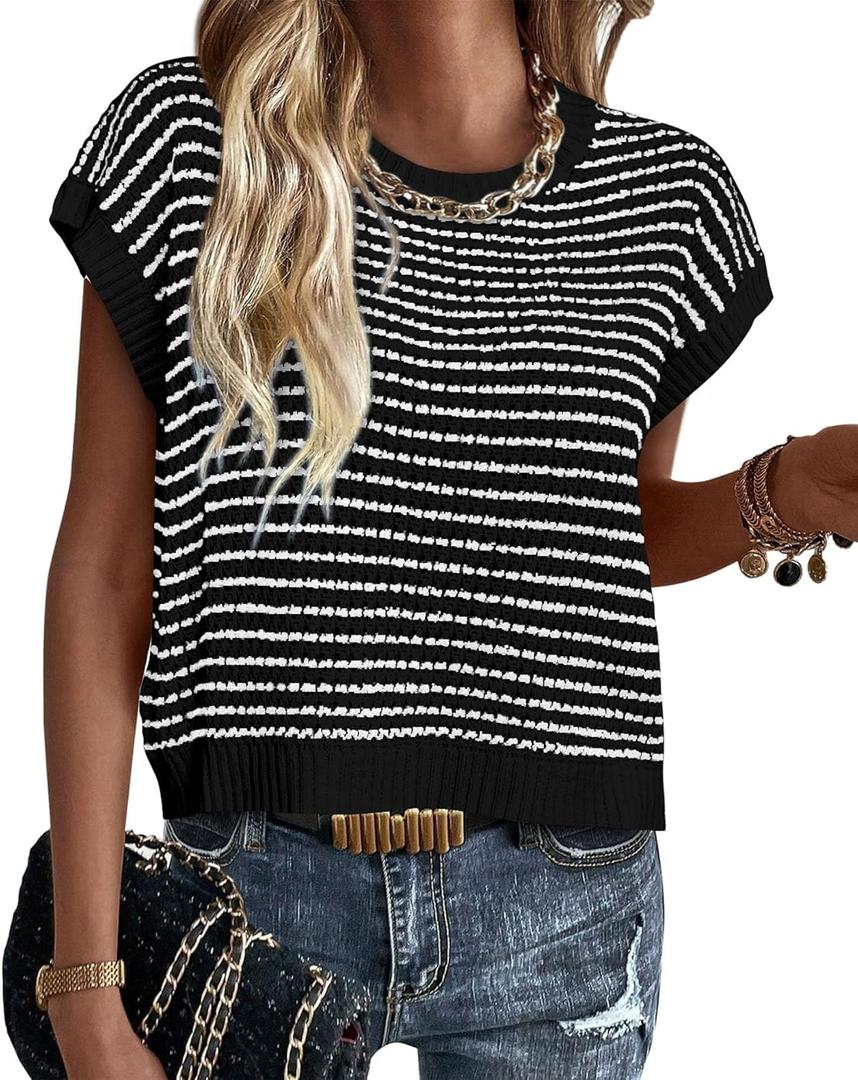 PRETTYGARDEN Womens Short Sleeve Sweater Spring Summer 2026 Round Neck Striped Pullover Cap Sleeve Knit Sweater Vest Tops (Black, S)