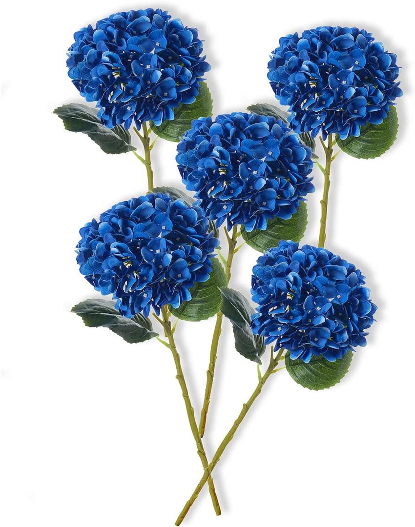 PARTY JOY 5PCS 15.4In Artificial Hydrangea Silk Flowers Bouquet Faux Hydrangea Stems for Wedding Centerpieces Home Decor (Blue)