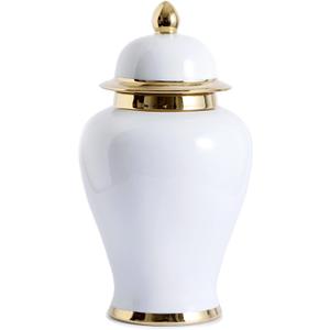 White Ginger Jar with Gold Trim, Ginger Jar Vase Decor for Centerpiece, Table Decorations, Living Room, Shelf, 15inches