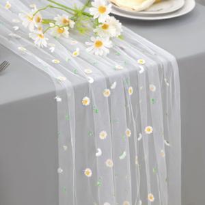 Snowkingdom White Embroidery Daisy Table Runner, 10ft Florals Seasonal Wildflower Sheer Tulle Table Runner, Summer Romantic Flower Table Decor for Wedding, Party, Home Dining Table Centerpiece 120inch