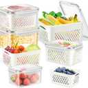 10 PS Fridge Food Storage Container with Colander, Plastic Fresh Produce Saver Keeper for Vegetable Fruit Berry Salad Lettuce Meat Fish, BPA Free Kitchen Refrigerator Organizer Bins (6.2L-0.8L)