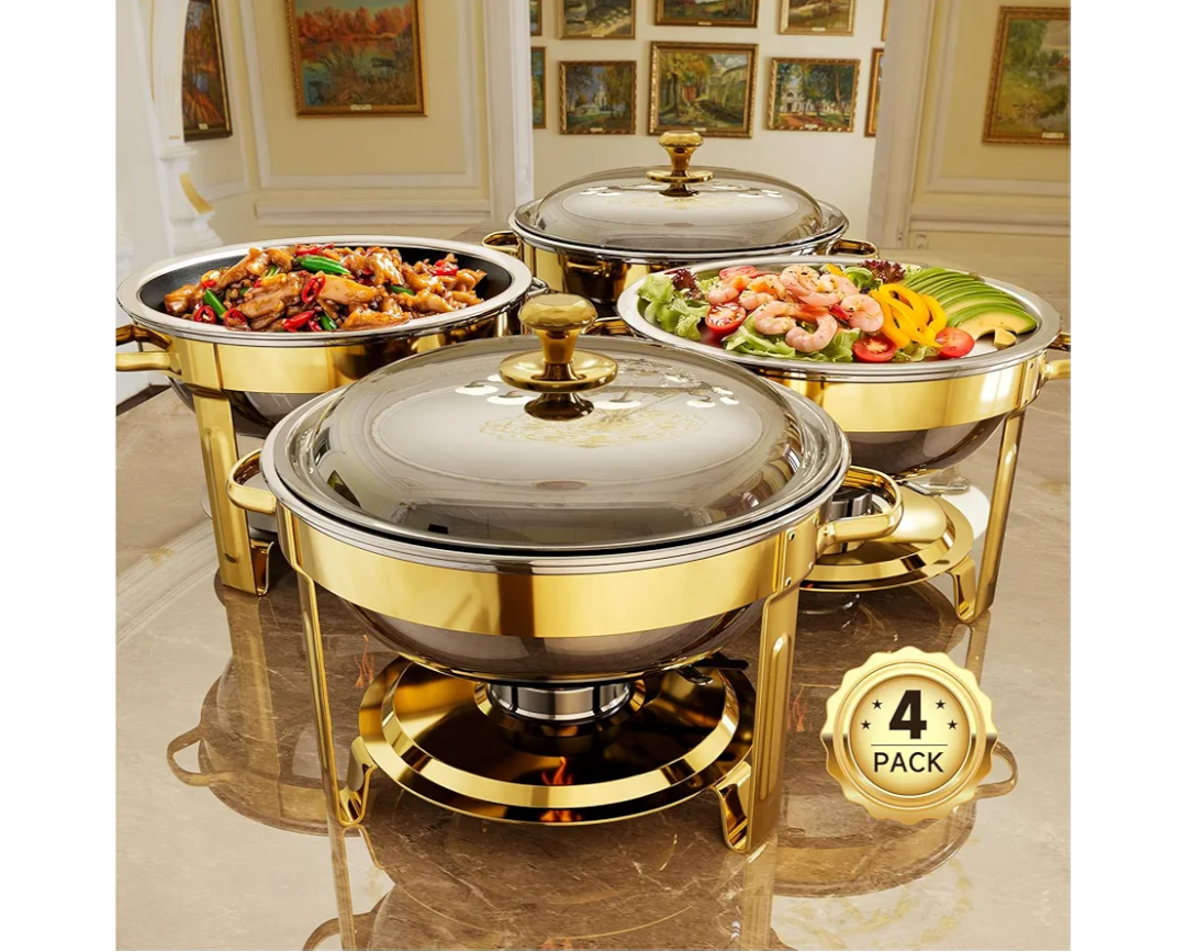 Chafing Dishes for Buffet, 4 Pack 5QT Round Stainless Steel Chafing Dish Set for Home Parties, Christmas Gatherings, Catering Events Complete Buffet Warmer Set (Golden 4)