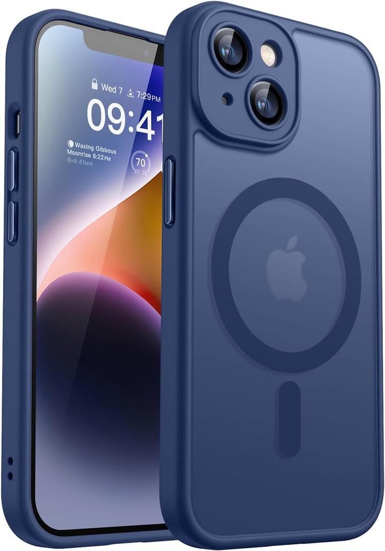 CANSHN Magnetic for iPhone 14 Plus Case, Upgraded [Full Camera Protection] [Compatible with Magsafe] [Translucent Matte] Shockproof Protective Phone Case for iPhone 14 Plus 6.7" - Deep Blue