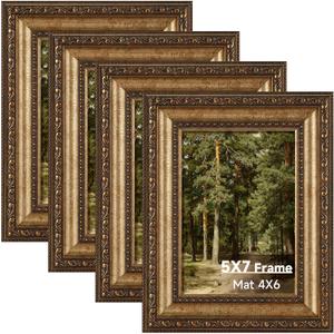 Splinterix 5x7 Gold Picture Frame Set of 4, Vintage Antique Picture Frames for Wall or Tabletop, 5 x 7 Ornate Bronze Photo Frame with Real Glass, Display 4x6 Print with Mat or 5x7 without Mat, 4 Pack