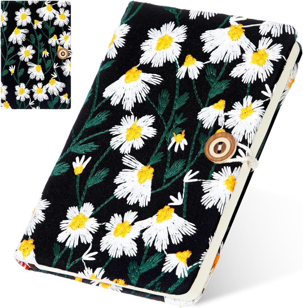 Dunzoom Daisy Journal Daisy Gifts for Women Embroidered Flower Journal Hardcover A6 Pocket Ruled Spiral Notebook Blank for Women Gifts Office and School Supplies(Black)