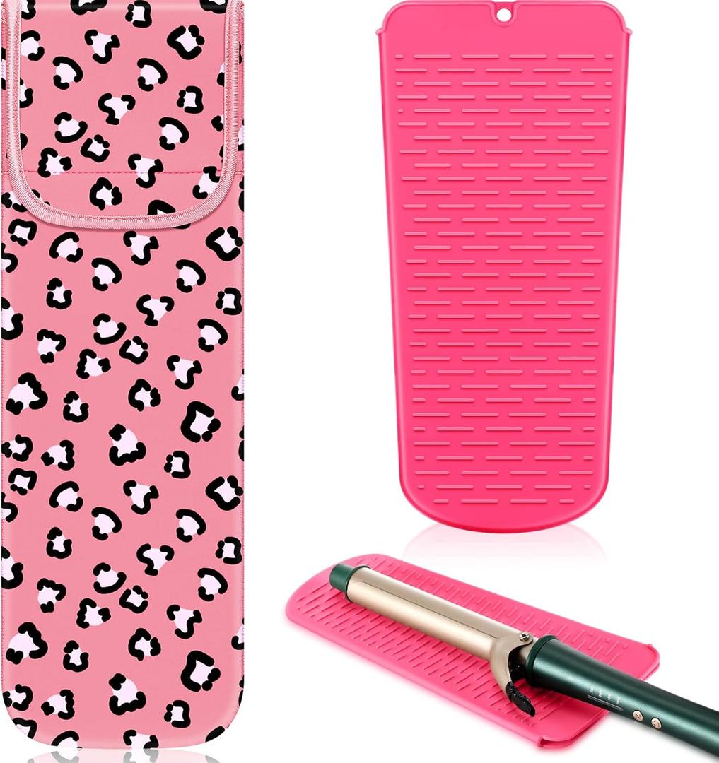 Shappy 2 Pcs Heat Resistant Hair Tools Bag Curling Iron Travel Case Cover Neoprene Flat Iron Holder Travel Case and Silicone Mat Pouch for Hot Hair Tools Storage Organizer(Leopard Style)