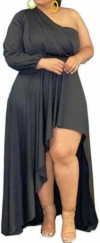 Ekaliy Women's Plus Size One Shoulder Maxi Dress Long Sleeve High Low Irregular Hem Flowy Long Party Cocktail Dress, 2XL