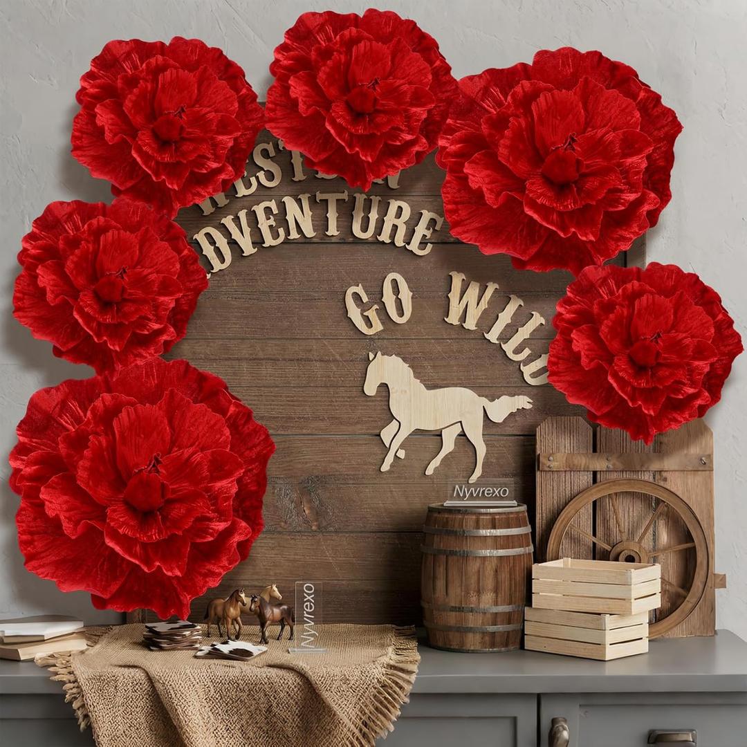 Giegxin 6 Pcs Derby Day Giant Red Flower for Decoration 12", 20" Large Velvet Rose Giant Flower Mexican Birthday Floral Decoration for Derby Mexican Fiesta Wedding Anniversary Horse Racing Party Decor