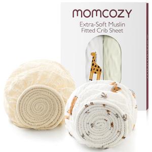 Momcozy Best Wishes Muslin Fitted Mini Crib Sheets, 38''x26'', 2 Pack Soft Breathable Natural Cotton Baby Mattress Sheet, 360 Mattress Wrapping Boys Girls Neutral Toddler Bed Sheet, Bravery Giraffe