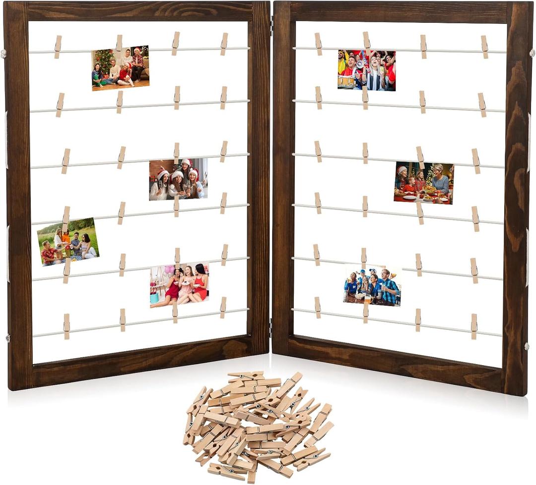 Geelin 36 x 24 Inch Photo Display Board with Clip Farmhouse Picture Display Wooden Rustic Freestanding Picture Collage Frame Wedding Tabletop Decor for Home Dorm (2 Panel,Brown)