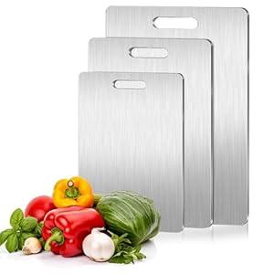 Titanium Cutting Board, Set of 3 Titanium Cutting Boards for Kitchen, Double Sided Titanium Cutting Mat, Non Stick Stainless Steel Cutting Board for Meat, Bread, Vegetable, Fruit