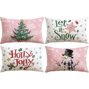 2 x Artscope Christmas Tree Snowman Throw Pillow Covers 12x20 Inch Set of 4, Let It Snow Holly Jolly Winter Hoilday Christmas Decoration Pillow Cases for Home Sofa Couch Decor-Pink