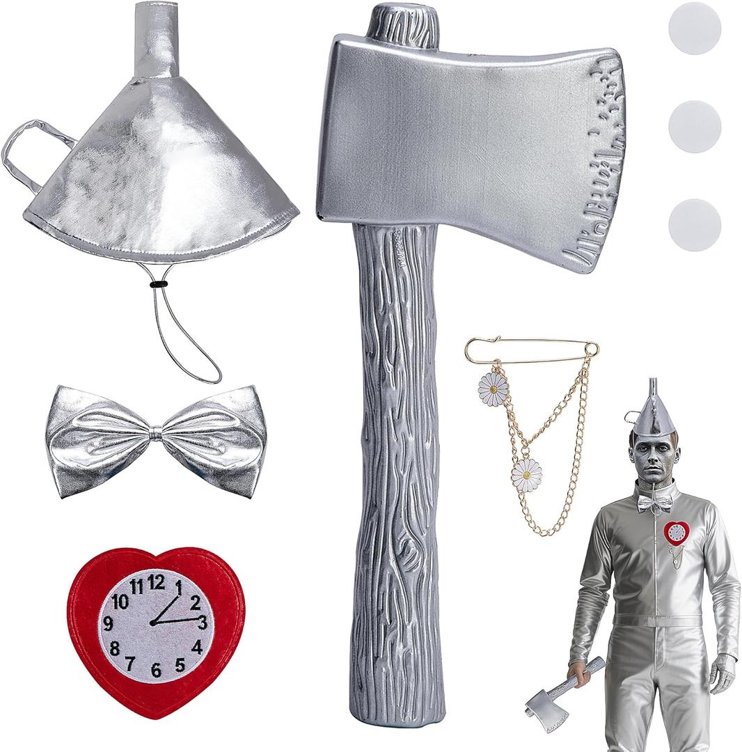 5 Pcs Halloween Funnel Hat and Axe Costume Accessories, Silver Funnel Hat Axe Costume Set Including Heart Clock Brooch Bow Tie for Man Women Halloween Cosplay Theme Party Accessory