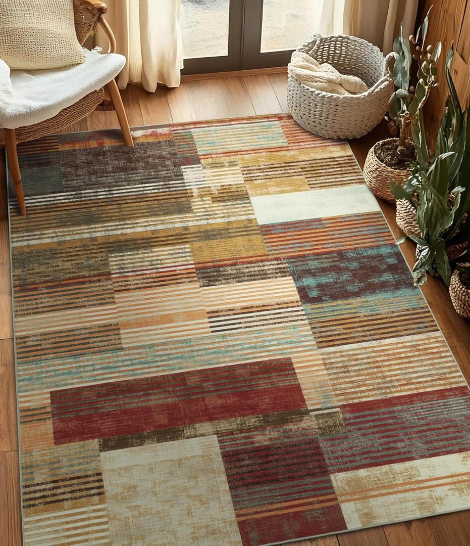 YIHOUSE Brown Area Rug 5x7, Farmhouse Rugs Washable,Vintage Burgundy Carpets for Bedroom,Burnt Orange Area Rug Non Slip,Geometric Boho Rug for Kitchen,Dining Room