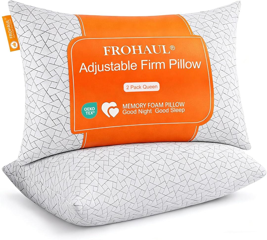 Frohaul Shredded Memory Foam Bed Pillows Adjustable Hotel Quality Pillows for Side, Back and Stomach Sleeper, Breathable Washable Cover, Oeko-TEX Certified Queen Size Set of 2