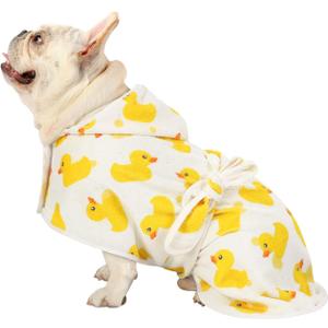 HDE Dog Bathrobe Super Absorbent Quick Drying Puppy Towel Wrap Coat Adjustable After Bath Robes with Hood for Dog Sizes White Rubber Ducks Small