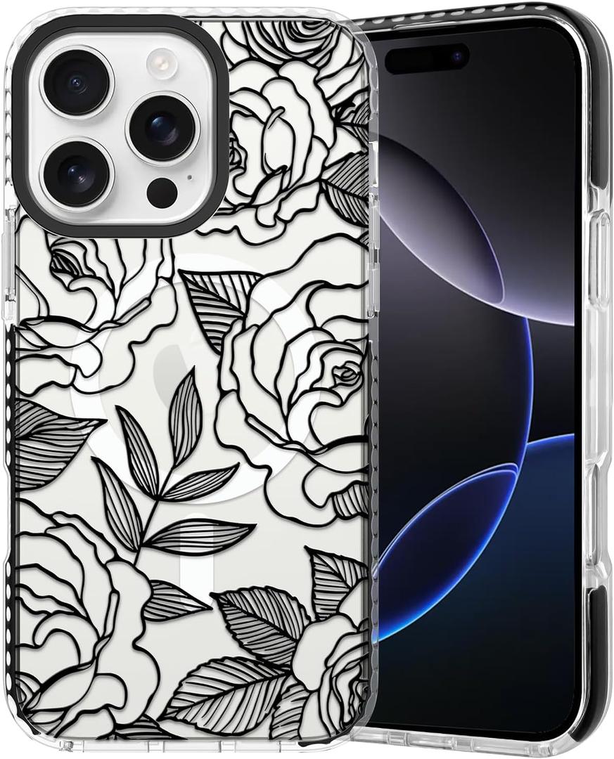SAKUULO Floral Case for iPhone 16 Pro Max, Clear Black Rose Pattern Cute Slim Soft Silicone Shockproof Magsafe Compatible Case