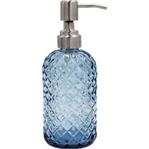 16 oz Diamond Pattern Glass Soap Dispenser, Kitchen and Bathroom Refillable Soap Dispenser with Rust Resistant Stainless Steel Pump for Hand Soap, Lotion Glass Liquid Dispenser (Blue)